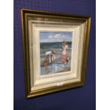 Oil on board, Impressionist scene of 2 children paddling at the seaside 23 x 19cm
