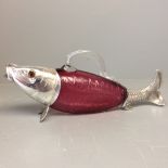 Silver plated & ruby glass claret jug modeled as a fish 32L cm