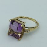 14ct Yellow gold substantial amethyst & diamond ring