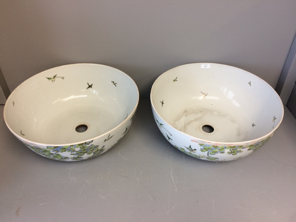 Pair of matched massive punch bowls by de Gournay with central holes formed at to the base - Image 5 of 12