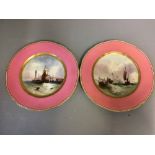Pair of Copeland pink ground centrally decorated plates "Wreck of a Merchant Man" & "Margate" titled