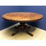 Victorian walnut veneer oval snap top breakfast table to quadruped base and china castors. 135 x 103