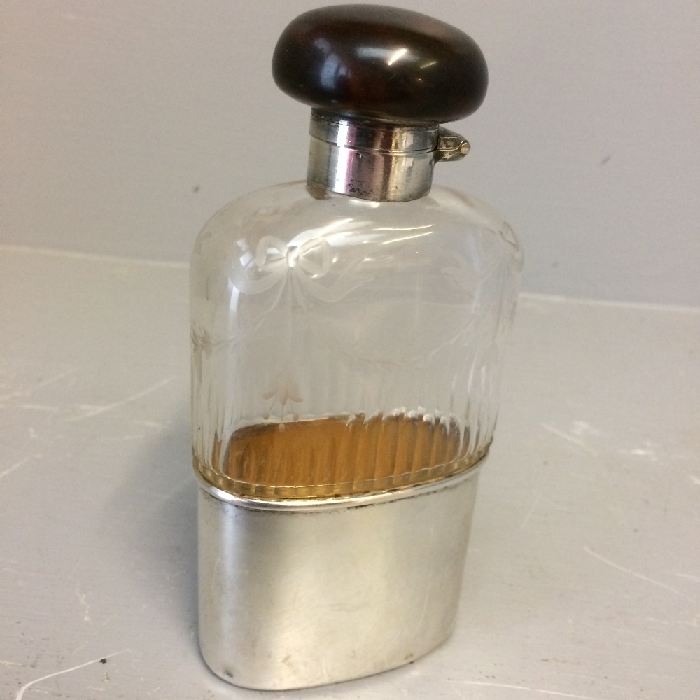 Early C20th glass & hall marked silver mounted hip flask with tortoiseshell top retailed by - Image 2 of 3