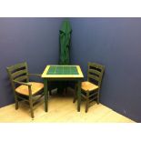 Modern pine green tiled square table (74 x 74cm) & 2 green rush seat chairs &a green garden parasol
