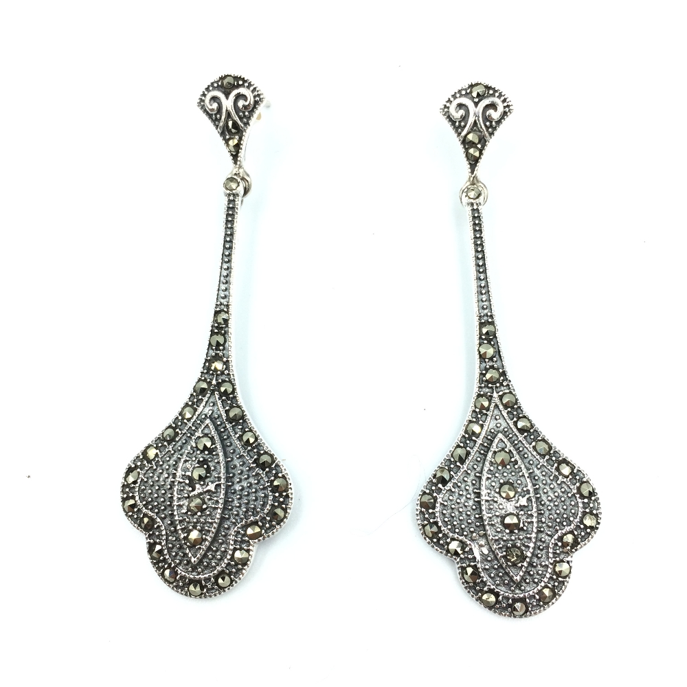 Pair of silver Art Deco style drop earrings set with marcasites - Image 2 of 2