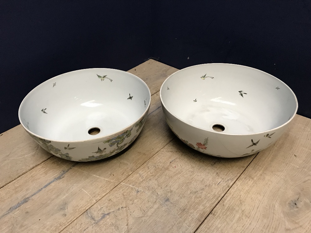 Pair of matched massive punch bowls by de Gournay with central holes formed at to the base - Image 3 of 12