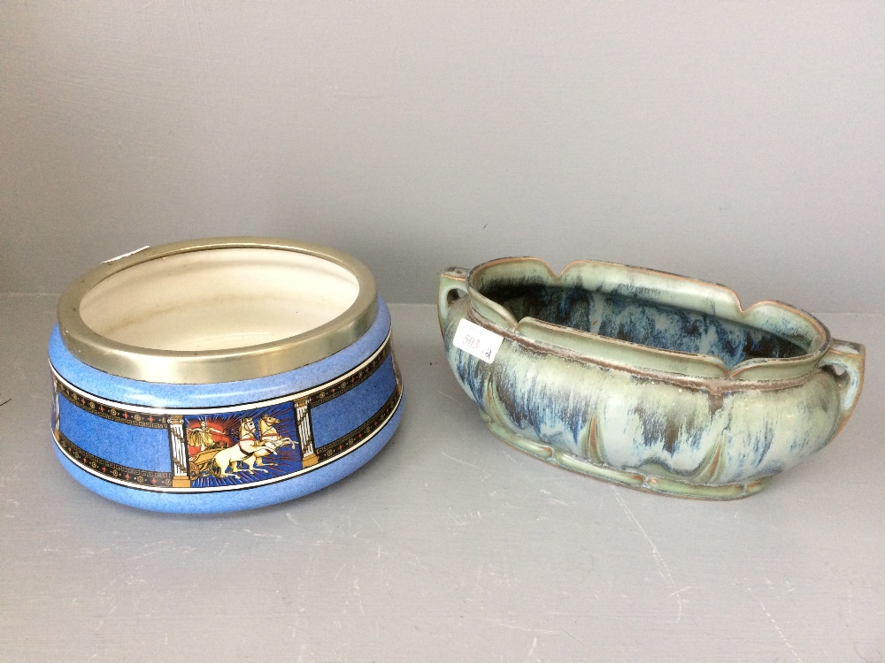 Contemporary green planter & blue glazed dish painted to sides with plated rim depicting horses &