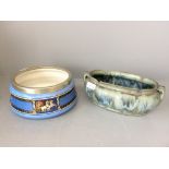 Contemporary green planter & blue glazed dish painted to sides with plated rim depicting horses &