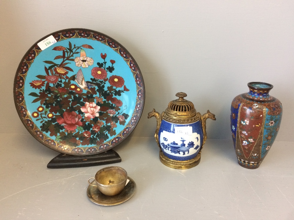 Cloisonne plate, vase & stand, gold cup & saucer