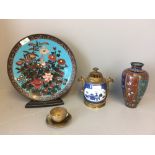 Cloisonne plate, vase & stand, gold cup & saucer