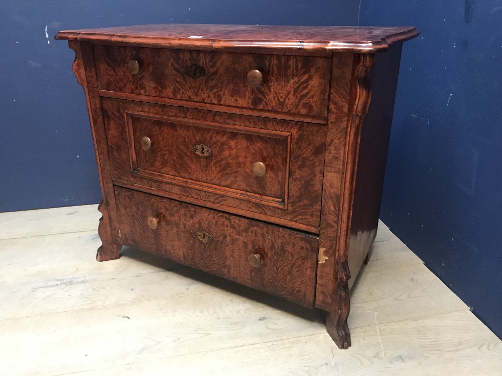 C19th hardwood veneer small chest of 3 varying long drawers below a serpentine moulded top &