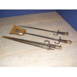 Set of steel fire irons made from C19th French steel bayonets, inscribed & dated 1877