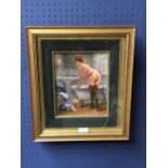 Framed oil painting of a semi clad woman in her toilette 23 x 18cm
