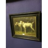 Framed oil painting study of 2 terrier dogs in a Byre 31 x 39cm