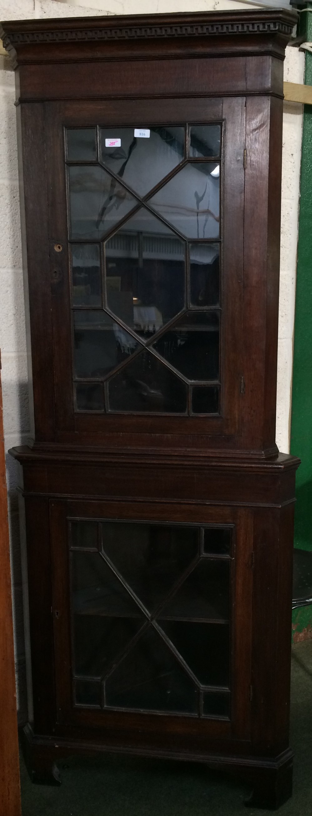 Early C20th oak freestanding corner cupboard in 2 sections 190Hx44Dx74W cm