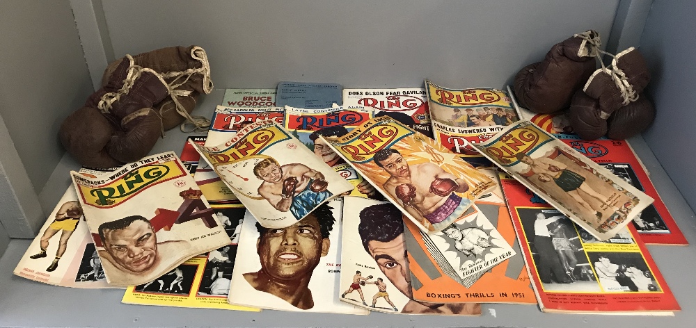 Boxing related memorabilia & ephemera inc qty "The Ring" magazines 1950s, leather boxing gloves,