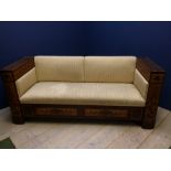 Continental Empire style mahogany framed settee with floral marquetry panels to the front and hinged