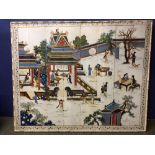 C20th "Panel Chinese Scene with pagoda and figures at various activities" 127x155cm in faux bamboo