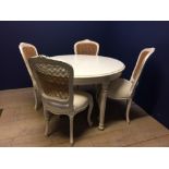 Circular table on 4 reeded legs, which opens to extend (no leaf) 120cm dia with 4 chairs upholstered