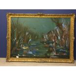 C20th oil on wood panel "Ducks rising from the Reeds" 84x122cm in gilt frame