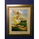 Signed studio framed oil painting of 2 ladies on a beach sea gazing 60 x 45cm