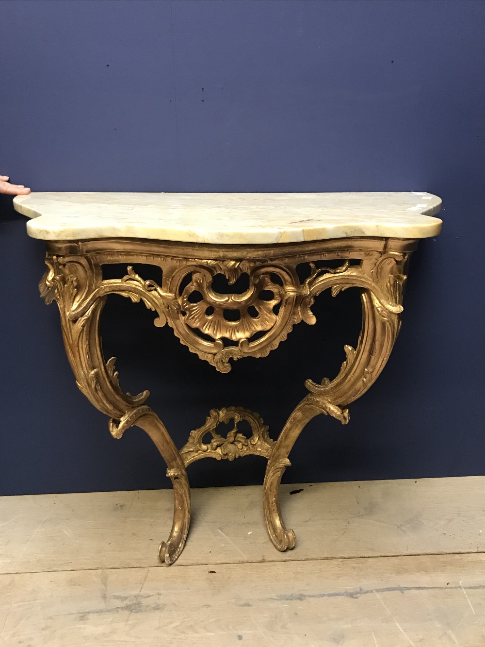 Early marble topped demi-lune console table on ornate gilt base 45Wx84Lx83H cm