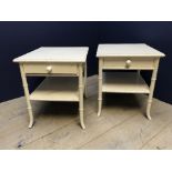 A pair of faux bamboo cream painted deep gloss 2 tier single drawer bedside tables