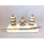 Antique marble desk stand with 2 lidded pots inset with enamel, with paper knife & pencil