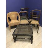 Qty of general furniture including chairs etc, glass top bergere occasional table