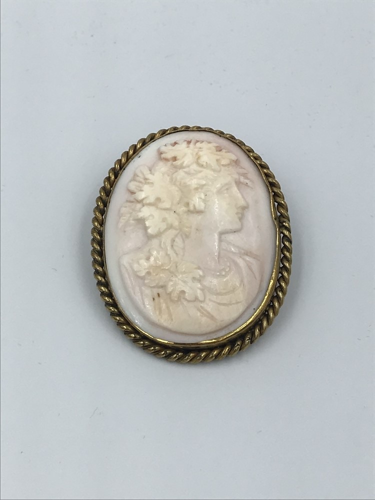 Cameo brooch c1840-1850 carved seashell with yellow metal mounts