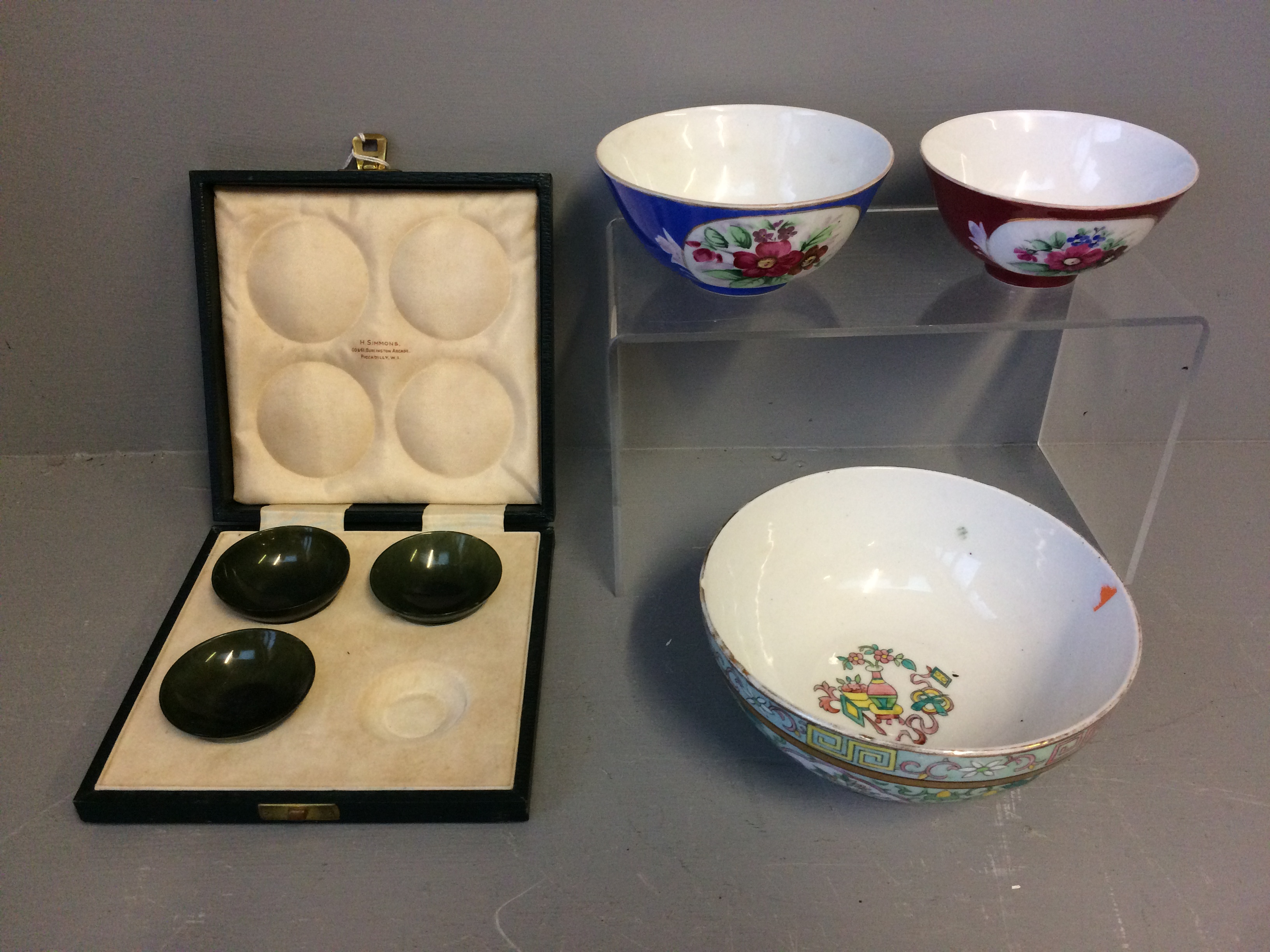 Set of 3 (of 4) spinach jade miniature bowls in fitted case retained by H Simmonds 60-61 & 3 others