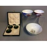 Set of 3 (of 4) spinach jade miniature bowls in fitted case retained by H Simmonds 60-61 & 3 others