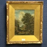 C19th oil on board Rural landscape with farmhouse & man leading a flock of sheep 27 x 20.5cm