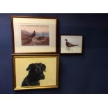 Three framed pictures, one of a labrador, and 2 with pheasants