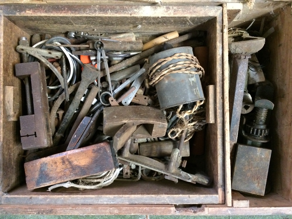 General Clearance Lots: wooden tool box with tools.