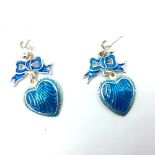 Pair of silver & enamel set heart shaped drop earrings