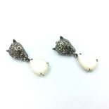 Pair of silver Panther shaped drop earrings set with marcasites & moonstones