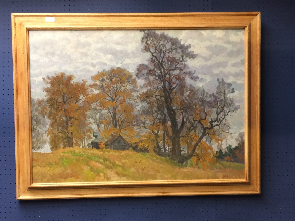 Eastern european oil on board "Wooded Country Landscape" indistinctly signed lower right (19) 87