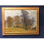 Eastern european oil on board "Wooded Country Landscape" indistinctly signed lower right (19) 87