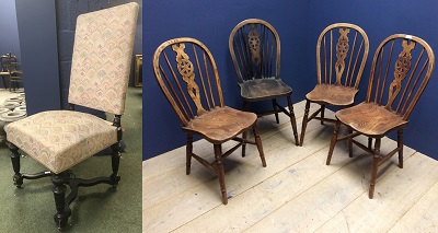 4 Windsor stick back chairs & high backed upholstered Jacobean style chair with wooden cross frame