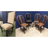4 Windsor stick back chairs & high backed upholstered Jacobean style chair with wooden cross frame
