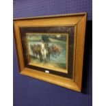 Framed oil painting of a horse trader with horses crossing a stream 27 x 37cm