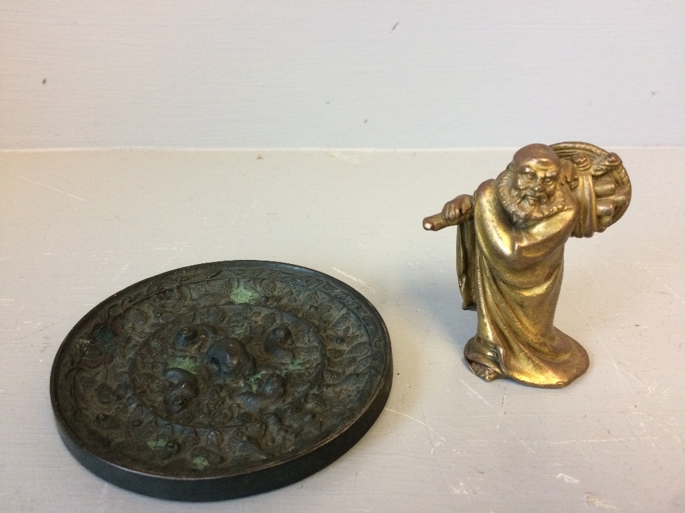 2 x Bronze items, Figure of a wood carrier 8.5cm H, plaque 11cm W