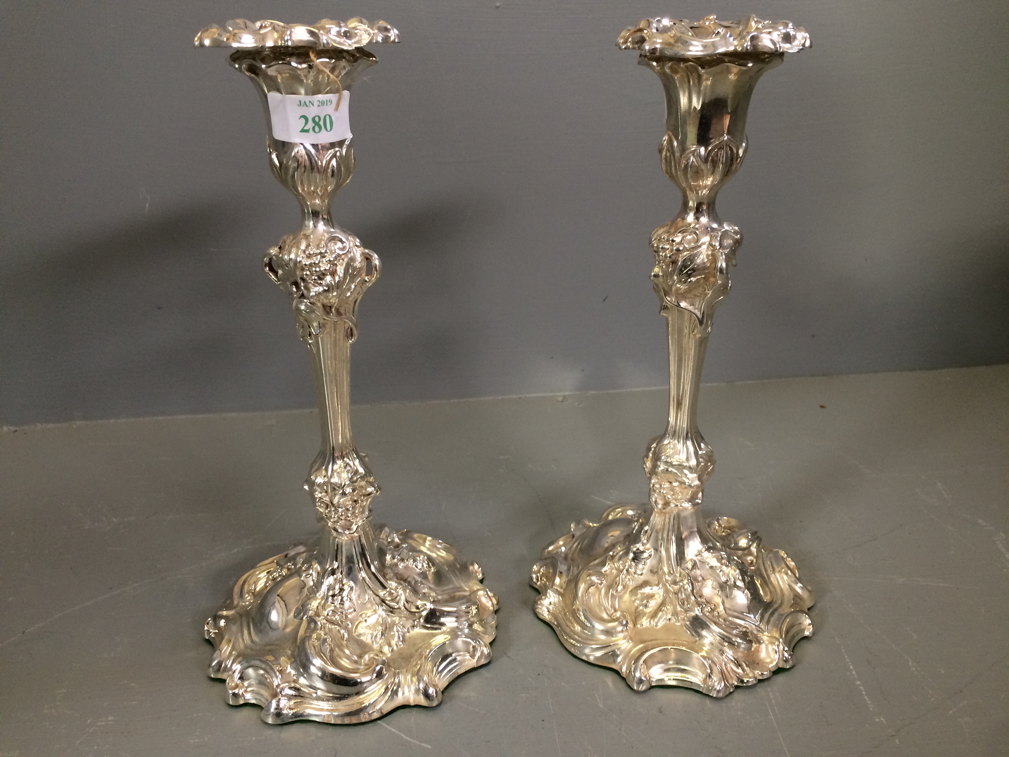 Pair Victorian plated candle sticks Elkington & Co