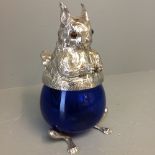 C20th Continental silver plate, blue glass Squirrel lidded jug 23H cm