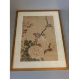 Silk painting of flowers & birds 36 X 50cm