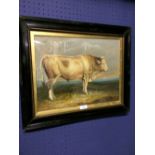 Ebonized framed oil painting of a Bull in country landscape 30 x 40cm