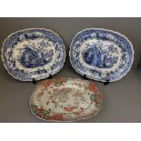 C19th Masons iron stone serving platter & pair of C19th Staffordshire blue & white ironstone meat