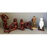 4 wooden models of carved ladies, and a ceramic model of a lady; and Royal Doulton figure of Field