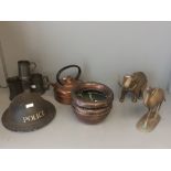 WW II 'Police' steel helmet, copper kettle & copper jardiniere, brass camel & elephant, 3 pewter